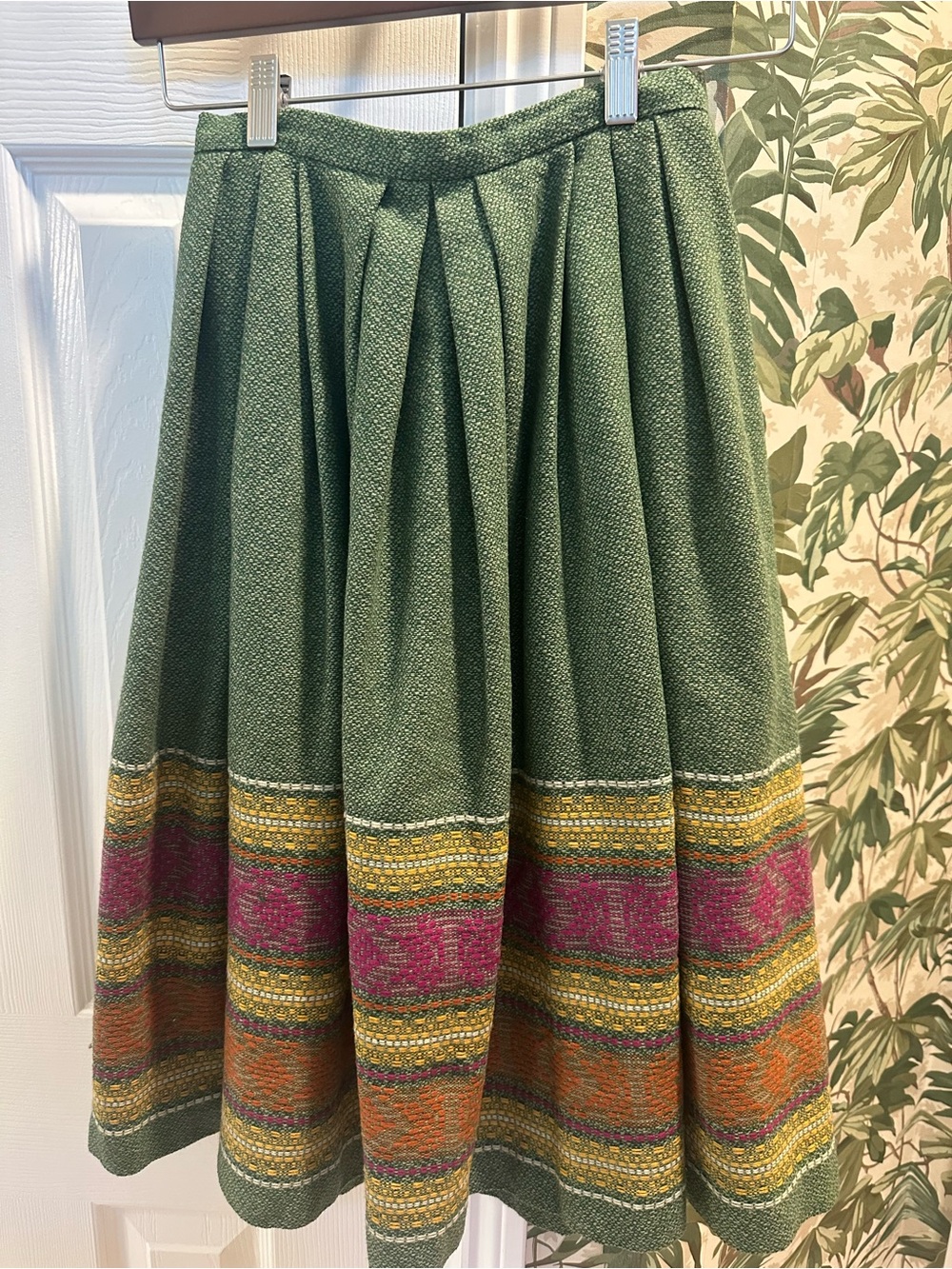 Vintage Graff Californiawear Wool Skirt Green Cream Woven Pleated Midi Skirt